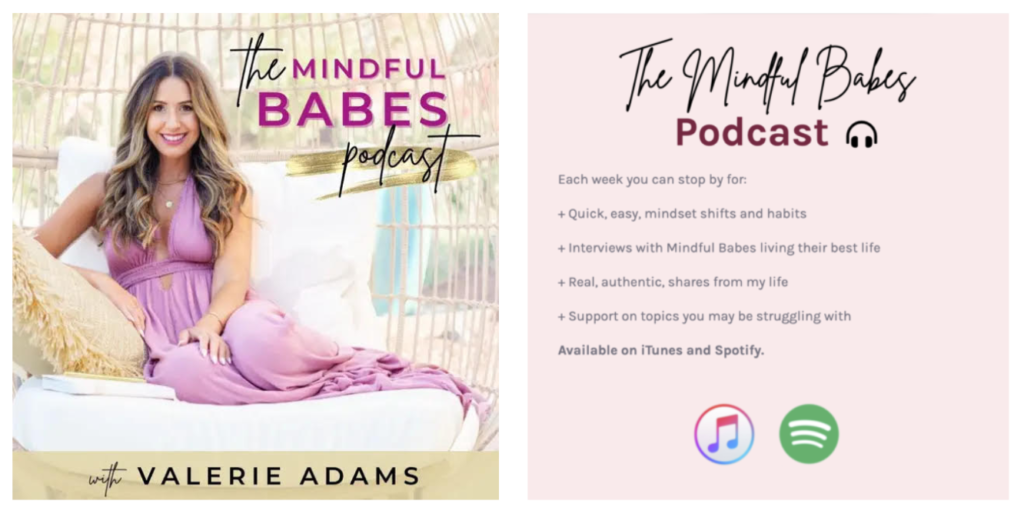 The Mindful Babes podcast personal brand photo with Valerie smiling at the camera. The Mindful Babes Spotify and iTunes podcast description. 

