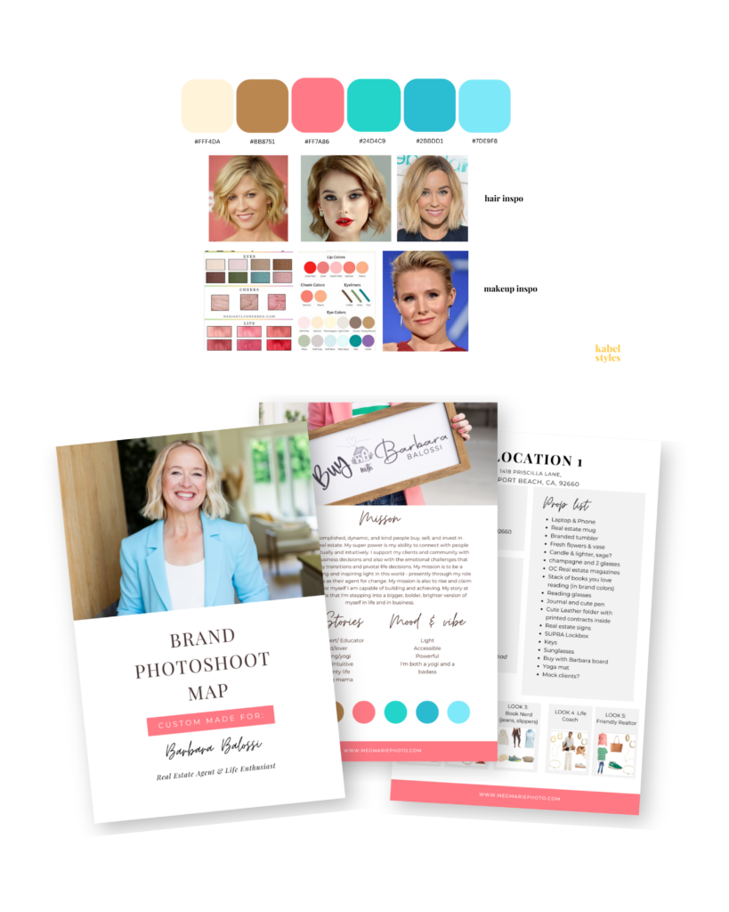 Custom color palette layout featuring coordinated hair and makeup inspiration images alongside a brand photoshoot planning map—visualizing a cohesive personal brand strategy.
