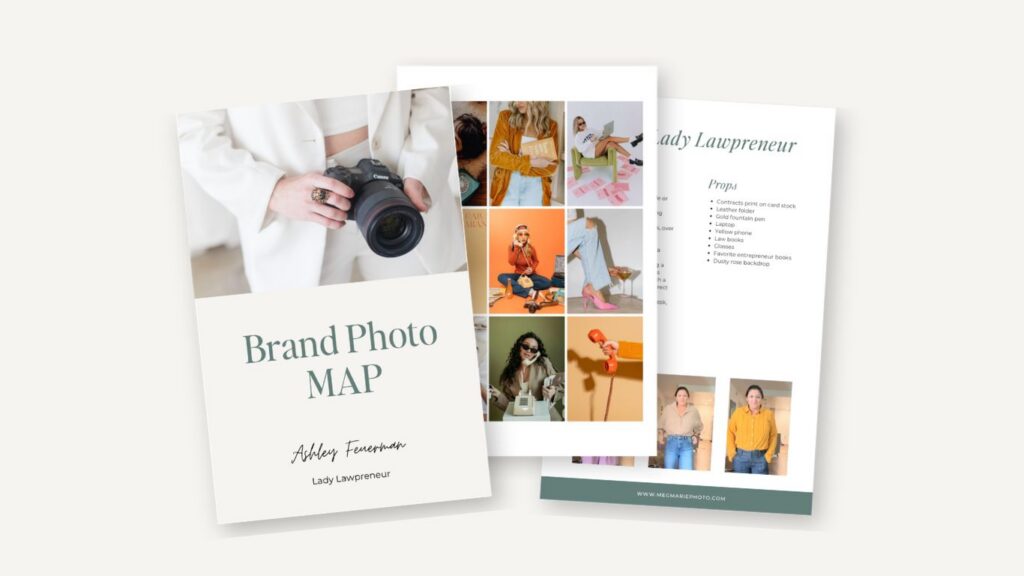Three pages of a branding photography guide, featuring a cover with a woman holding a camera, a contact sheet of stylish images, and a list of props. | Meg Marie Photography